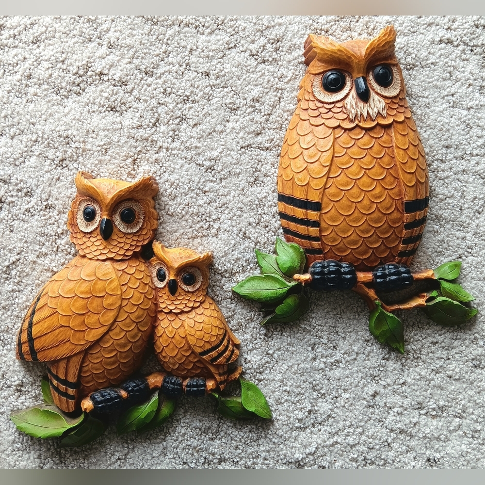 Vintage HOMCO Owl Family Wall Hanging Set Of 2 1975 Kitschy Retro